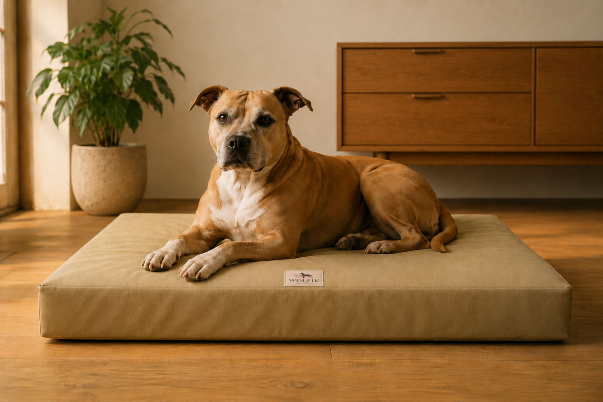 Dog relaxing on a Wolfie orthopedic dog bed