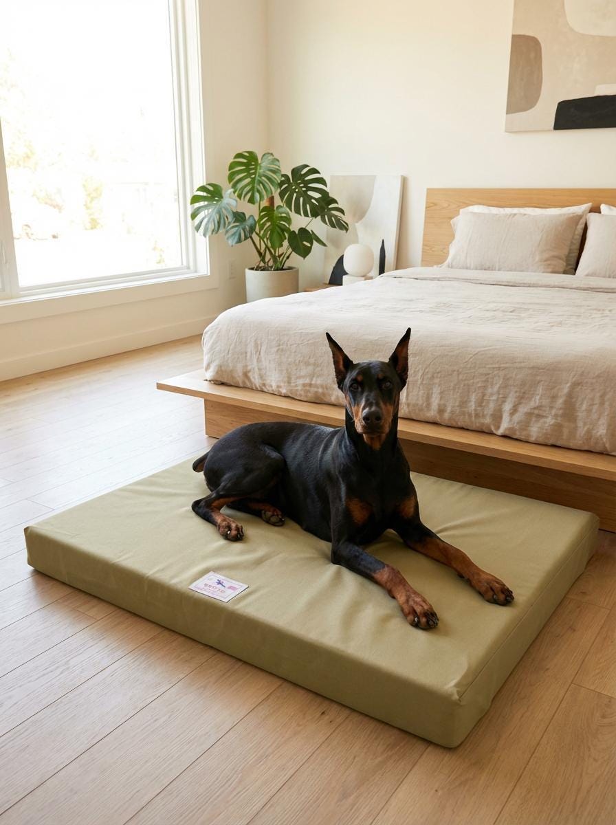Wolfie Dog Bed - tan colorway with dog in modern room