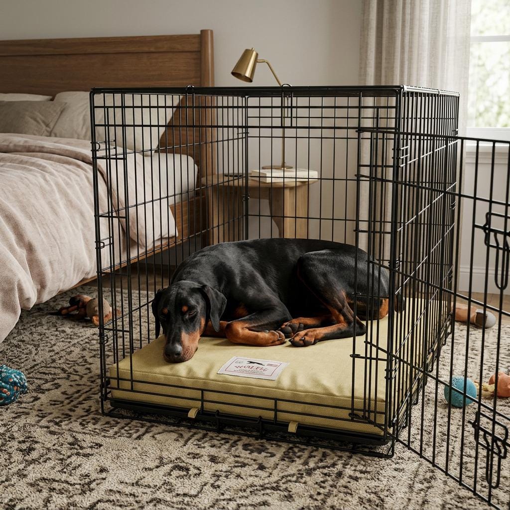 Wolfie Crate Dog Bed - doberman in crate with tan bed