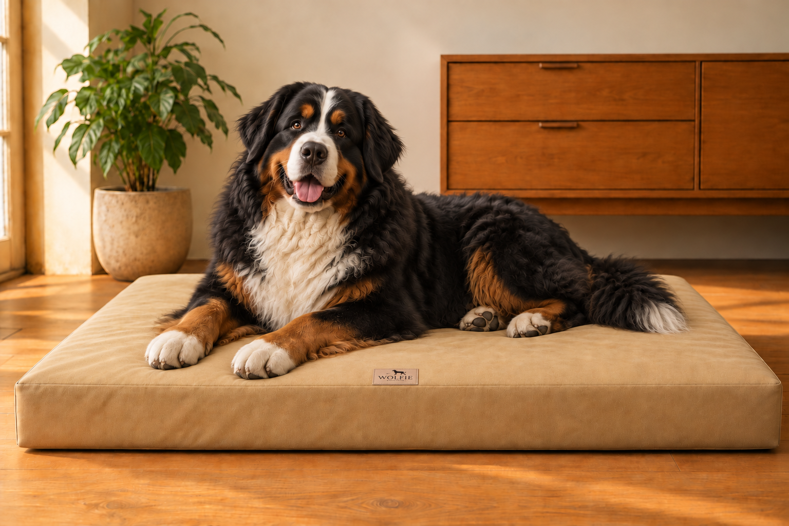 Happy Bernese Mountain Dog resting on the XXL Wolfie orthopedic bed
